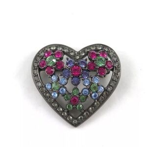 Vintage Joan Rivers Heart Brooch Multi Colored Crystals Floral